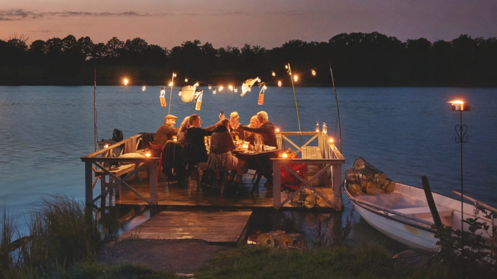 Friends raising a toast at a candlelit table on a lakeside jetty at dusk