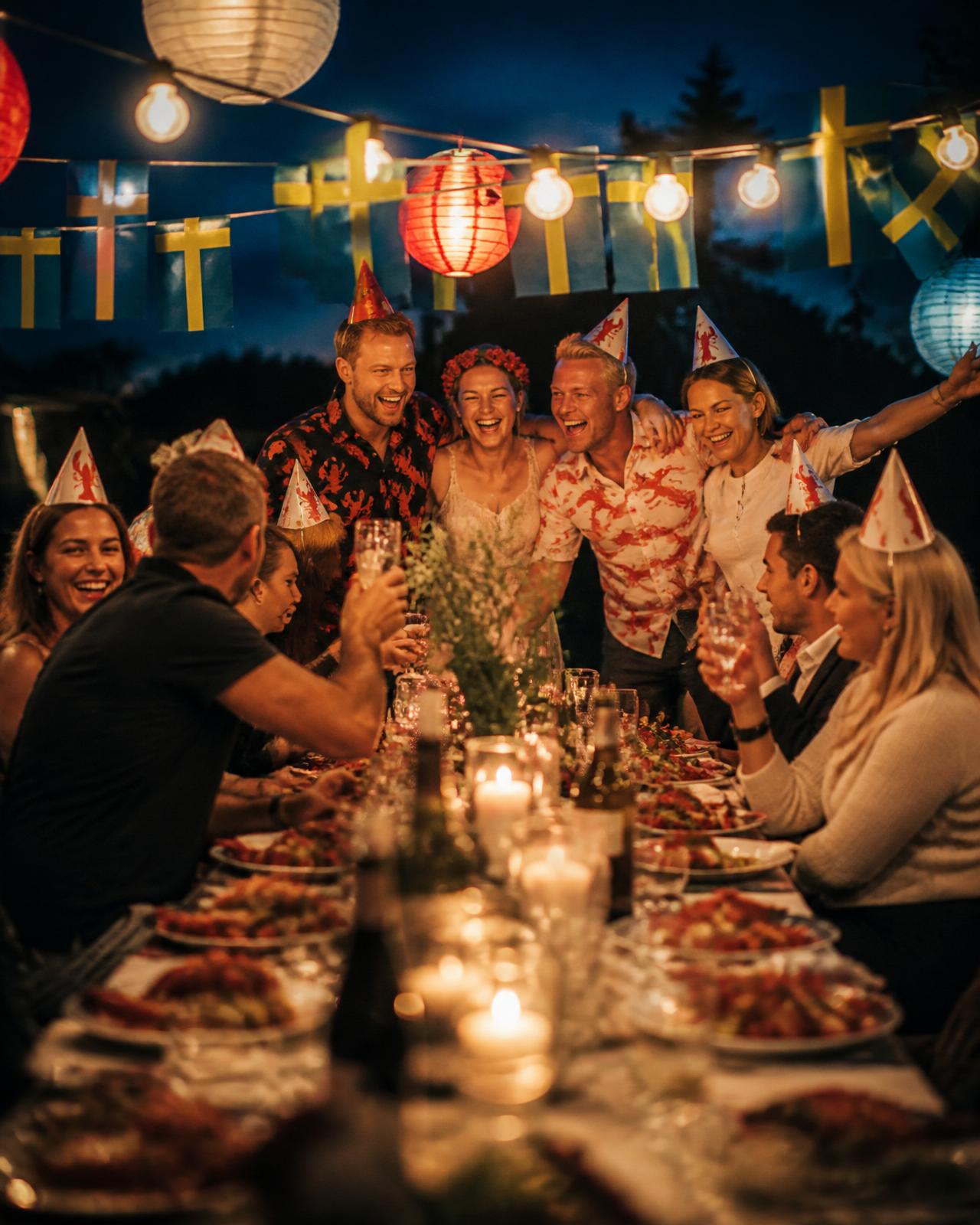 Guests gathered under string lights at a late summer evening celebration