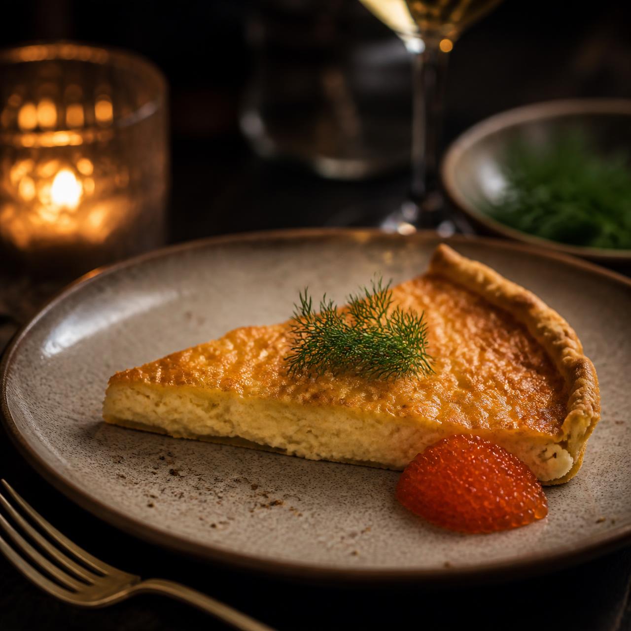 A slice of homemade Västerbotten cheese pie with dill