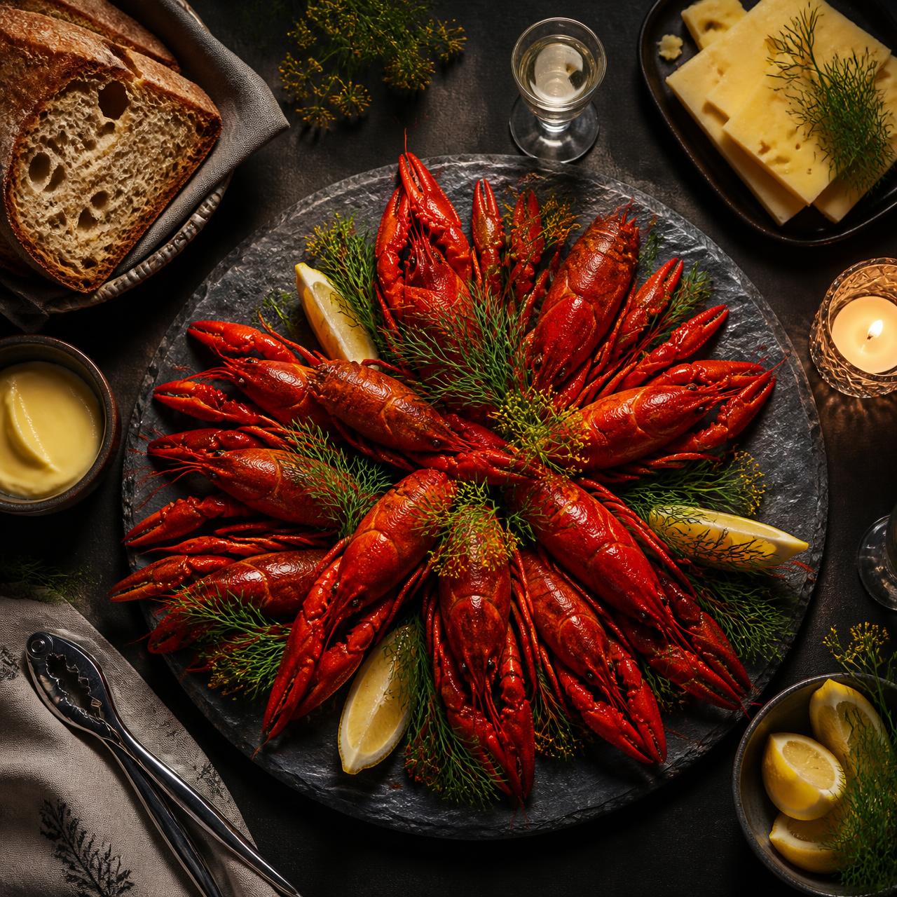 A shared platter of Swedish crayfish with bread and cheese