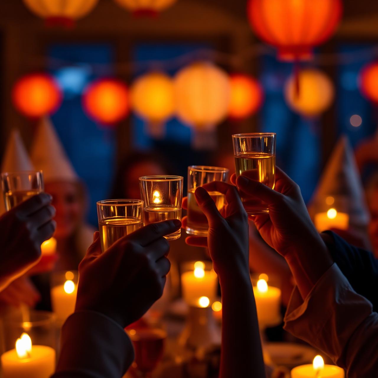 Hands raising aquavit glasses in a heartfelt toast by candlelight