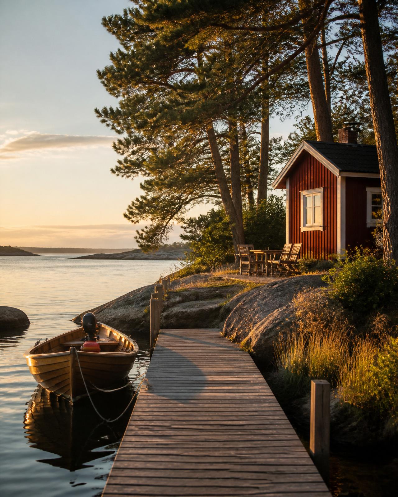 A red summer cottage on the Stockholm archipelago at golden hour