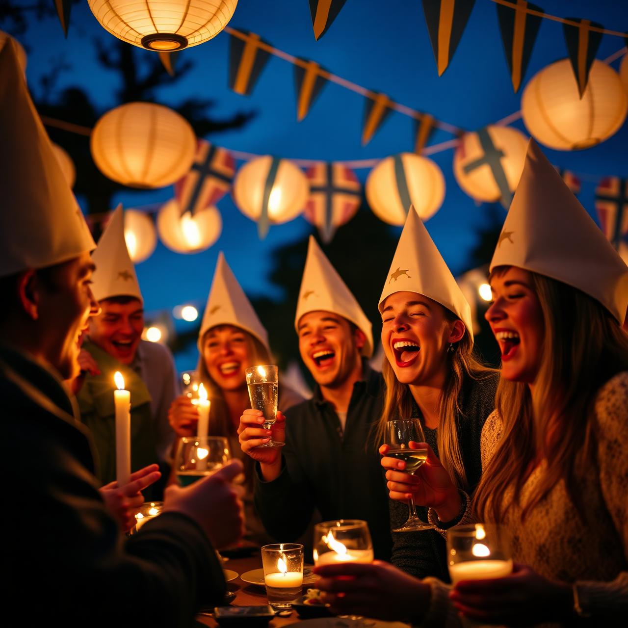 Friends in paper party hats singing drinking songs under lanterns