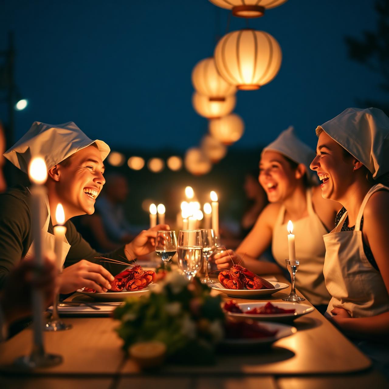 Two friends laughing and sharing crayfish at a long communal table